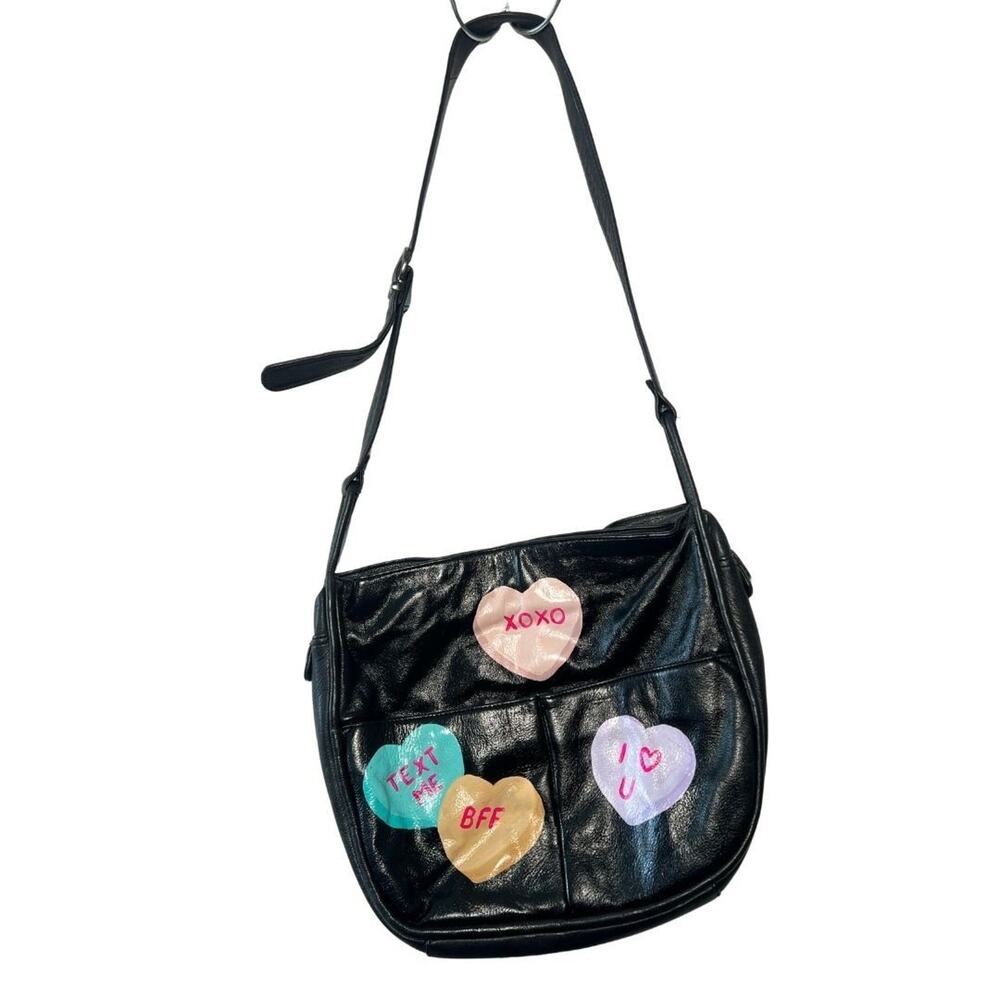 Black Leather Hand Painted Sweethearts Purse Graphic Cheeky Whimsy Pop Art